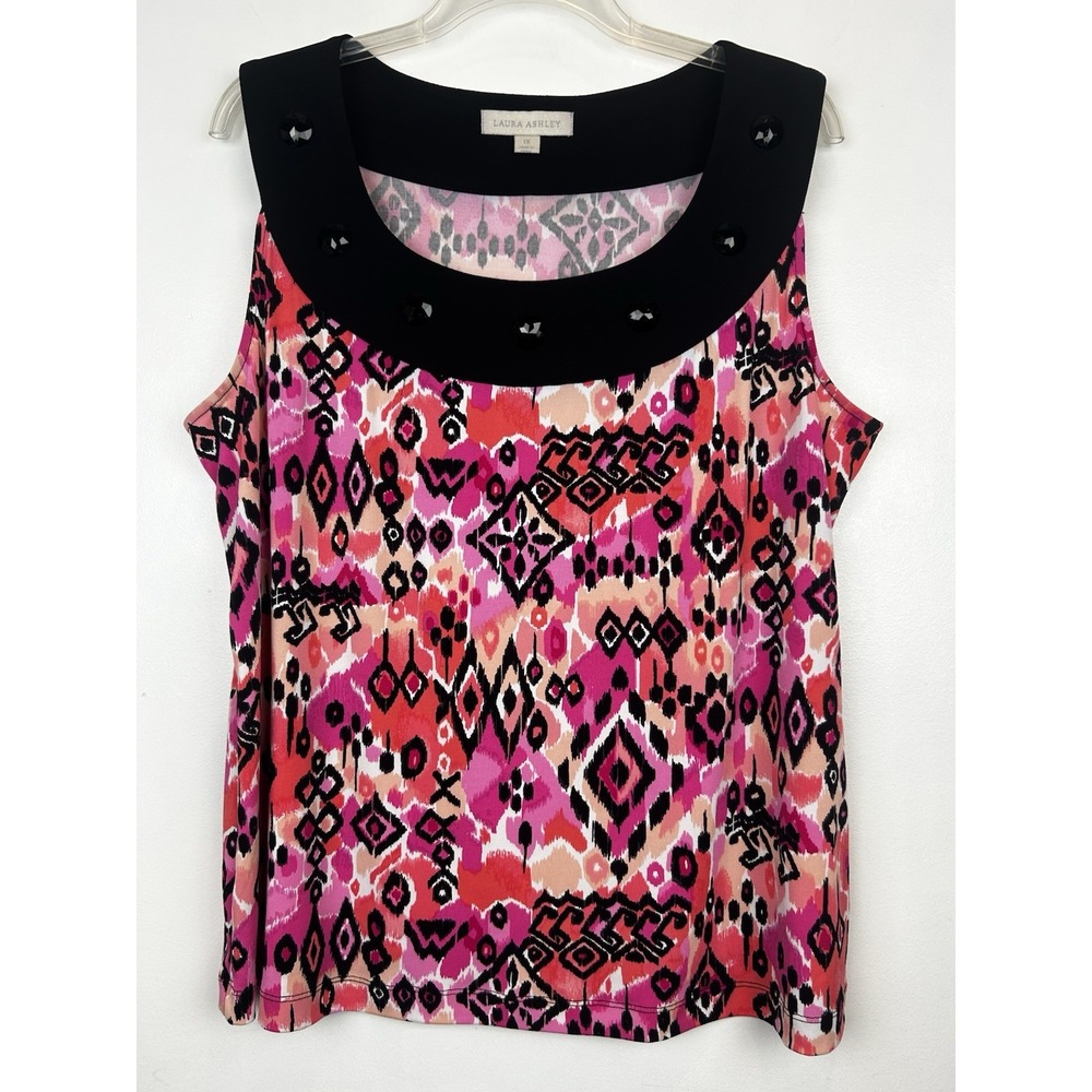 Laura Ashley Top Womens 1X Sleeveless Plus Embellished Art to Wear Old Money
